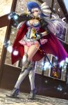  1girl boots breasts building cape cleavage dutch_angle feathers frilled_skirt frills gyakushuu_no_fantasica hat high_heel_boots high_heels highres outdoors puffy_sleeves rapier ryuki@maguro-ex sheath sheathed silver_hair skirt solo sword weapon wind 