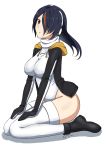  1girl black_boots black_hair black_jacket boots breasts brown_eyes emperor_penguin_(kemono_friends) esuti full_body hair_over_one_eye headphones highleg highleg_leotard highres jacket kemono_friends leotard long_hair looking_at_viewer multicolored_hair simple_background sitting solo thigh-highs wariza white_background white_legwear white_leotard 