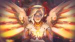  blonde_hair blue_eyes commentary crying crying_with_eyes_open glowing gold highres lips looking_at_viewer mechanical_halo mercy_(overwatch) nose overwatch parted_lips red_lips seiorai tears teeth upper_body 