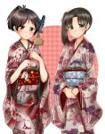  2girls :o absurdres arrow ayanami_(kantai_collection) brown_eyes brown_hair ema floral_print hamaya hands_on_own_stomach highres japanese_clothes kantai_collection kazu_(really_in_hot_water_now) kimono long_hair looking_at_viewer multiple_girls open_mouth ponytail sash shikinami_(kantai_collection) short_hair side_ponytail simple_background smile standing 