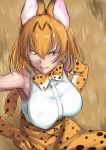  1girl absurdres animal_ears animal_print bare_shoulders breasts cat_ears cat_tail gloves highres kemono_friends large_breasts looking_at_viewer parted_lips sakushaaya_(3948aya) serval_(kemono_friends) short_hair smile solo tail yellow_eyes 