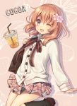  1girl ;d alternate_costume bag banana bangs black_legwear blazer blush brown_shoes buttons carrying carrying_bag carrying_over_shoulder character_name collared_shirt commentary_request cowboy_shot drink drinking_cup drinking_straw eyebrows_visible_through_hair flat_chest flower food fruit gochuumon_wa_usagi_desu_ka? hair_between_eyes hair_flower hair_ornament hibiscus hoto_cocoa jacket kneehighs long_hair long_sleeves looking_at_viewer mitsuki_ponzu neck_ribbon one_eye_closed open_mouth orange_hair pink_background plaid plaid_skirt plastic_cup ribbon school_bag school_uniform shadow shirt shoes signature skirt smile solo strawberry striped striped_ribbon violet_eyes white_shirt 