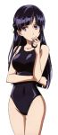  1girl bangs black_hair black_swimsuit blunt_bangs breasts closed_mouth collarbone covered_navel cowboy_shot eyebrows_visible_through_hair frown groin hair_ribbon hair_twirling half_updo highleg highleg_swimsuit hime_cut hips kakumeiki_valvrave legs_together long_hair looking_at_viewer medium_breasts nagatomi_kouji new_school_swimsuit official_art one-piece_swimsuit parted_bangs ribbon rukino_saki school_swimsuit solo standing straight_hair swimsuit thigh_gap transparent_background violet_eyes white_ribbon 