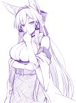  1girl animal_ears bangs blush breasts closed_mouth commentary_request detached_sleeves eyebrows_visible_through_hair fox_ears fox_girl hair_between_eyes hair_intakes hair_ribbon hand_up large_breasts long_hair looking_at_viewer monochrome nontraditional_miko original purple ribbon ryuusei_(ryuuseiseikou) sidelocks simple_background sketch smile solo tamamo_(ryuusei) upper_body wide_sleeves 