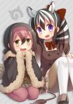  2girls :d animal_ears ankle_boots beige_skirt bird_tail black_hair blush boots brown_boots brown_footwear brown_legwear brown_shirt brown_sweater buttons capelet collar collared_shirt commentary_request diagonal_stripes dodo_(kemono_friends) empty_eyes eyebrows_visible_through_hair eyelashes fang frilled_skirt frills fur-trimmed_capelet fur_collar fur_trim gradient_legwear green_skirt grey_background hair_between_eyes hair_ornament hair_ribbon hairband hand_on_own_knee hands_up height_difference japari_symbol kemono_friends knees_up long_sleeves looking_at_viewer multicolored multicolored_clothes multicolored_hair multicolored_legwear multiple_girls nananeko neck_ribbon open_mouth pantyhose pink_boots pink_hair pink_legwear plaid plaid_skirt pleated_skirt quagga_(kemono_friends) quagga_ears quagga_tail red_ribbon ribbon seiza shadow shirt short_hair sitting skirt smile striped striped_background sweater tail tareme trait_connection two-tone_hair two-tone_legwear violet_eyes white_hair white_legwear wide_sleeves yellow_eyes 