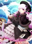  1girl ;o ace alice_in_wonderland bangs beret black_bow black_bowtie black_capelet black_dress black_hat blanket blush book bow bowtie buttons capelet card cherry cheshire_cat chocolate clock clover clubs_(playing_card) cup day dessert diamonds_(playing_card) doll_joints dress dutch_angle elbow_gloves eyebrows_visible_through_hair falling_card fantasy fate/extra fate_(series) food frilled_dress frilled_sleeves frills fruit fur-trimmed_capelet gloves grin hair_bow hand_up hat hearts_(playing_card) highres holding holding_cup index_finger_raised lepoule_(kmjh90) light_particles light_rays long_hair looking_at_viewer motion_blur multicolored_bow mushroom nursery_rhyme_(fate/extra) one_eye_closed open_mouth pancake petticoat picnic pink_bow pink_bowtie pink_eyes pink_hair plate playing_card pudding red_string shiny shiny_hair smile solo spill standing strap string striped striped_bow striped_bowtie stuffed_animal stuffed_bunny stuffed_toy sunlight tea teacup teddy_bear tree very_long_hair wavy_hair wooden_chair wooden_table yellow_eyes 