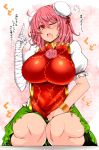  1girl ;o =3 ahoge bandaged_arm bangs blush breasts bun_cover chains chinese_clothes cuffs double_bun erect_nipples flower green_skirt hair_bun highres ibaraki_kasen index_finger_raised large_breasts looking_at_viewer one_eye_closed open_mouth pink_eyes pink_hair pink_rose puffy_short_sleeves puffy_sleeves roki_(hirokix) rose seiza shackles short_sleeves sitting skirt solo sweat tabard touhou translation_request 