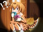  !? animal_ears bare_shoulders bow bowtie cat_ears cat_tail caught eating elbow_gloves flashlight gloves japari_bun kemono_friends serval_(kemono_friends) serval_ears serval_print serval_tail short_hair skirt sleeveless solo tail thigh-highs 