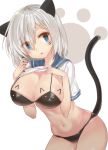  1girl :3 animal_ears bikini black_bikini blue_eyes breasts cat_ears cat_tail cleavage cowboy_shot eyebrows eyebrows_visible_through_hair hair_between_eyes hair_ornament hairclip hamakaze_(kantai_collection) hands_up head_tilt kantai_collection kemonomimi_mode large_breasts looking_at_viewer melang_b midriff navel open_mouth protected_link school_uniform serafuku shirt shirt_lift short_hair short_sleeves silver_hair simple_background solo stomach swimsuit tail tearing_up white_background white_shirt 