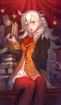  1girl arm_suport arm_support blush book braid fate/grand_order fate_(series) hair_between_eyes hair_ornament holding holding_book long_hair looking_at_viewer nekotawawa olga_marie open_mouth orange_eyes pantyhose red_legwear shirt silver_hair sitting solo star tsundere very_long_hair white_shirt 