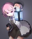  1girl akaino_(akaomi) character_request eyebrows_visible_through_hair holding_lantern lantern long_sleeves looking_at_viewer open_mouth pink_eyes pink_hair short_hair solo white_coat 