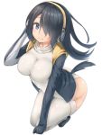  1girl bangs black_hair blue_eyes breasts emperor_penguin_(kemono_friends) eyebrows_visible_through_hair from_above full_body gloves hair_over_one_eye headphones highres hood hood_down hooded_jacket impossible_clothes impossible_leotard jacket kemono_friends large_breasts leotard long_hair long_sleeves looking_at_viewer reinama shoes simple_background solo squatting tail thigh-highs turtleneck white_background white_legwear white_leotard 
