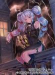  1girl blue_eyes book boots bracelet clouds cloudy_sky coin company_name earrings electricity fingerless_gloves fire_emblem fire_emblem:_seisen_no_keifu fire_emblem_cipher full_body gloves jewelry long_hair official_art purple_hair sitting sky solo tinny_(fire_emblem) twintails window 