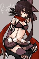  1girl black_eyes black_hair character_name geta highres kunai long_hair mahou_shoujo_ikusei_keikaku midriff mouth_hold navel ninja ripple_(mahoiku) shuriken side_ponytail solo umesasami weapon 