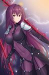  1girl armor bodysuit breasts covered_navel fate/grand_order fate_(series) gae_bolg holding holding_weapon large_breasts long_hair looking_at_viewer northman pauldrons polearm purple_bodysuit purple_hair red_eyes scathach_(fate/grand_order) shoulder_armor solo spear very_long_hair weapon 