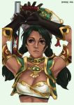  1girl absurdres armlet arms_up black_gloves braid breasts brooch brown_eyes cleavage commentary completion_time dark_skin eyebrows gloves gorget green_hair hat highres jewelry lips low_twintails midriff monori_rogue small_breasts solo soul_calibur soulcalibur strapless talim tonfa tubetop twin_braids twintails vest weapon 