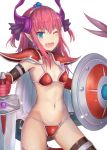  &gt;:d 1girl :d armor asymmetrical_horns bikini bikini_armor black_legwear blue_eyes blush breasts broadsword cape choker curled_horns dragon_tail earrings elizabeth_bathory_(brave)_(fate) eyebrows_visible_through_hair fang fate/grand_order fate_(series) groin highres horns jewelry komainu_(yamaha1997) lancer_(fate/extra_ccc) long_hair looking_at_viewer navel one_eye_closed open_mouth oversized_clothes pauldrons pink_hair pointy_ears red_bikini shield simple_background small_breasts smile solo swimsuit sword tail thigh-highs tiara vambraces weapon white_background white_cape 