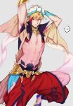  1boy arabian_clothes arms_behind_head blonde_hair cropped_vest fate/grand_order fate/stay_night fate_(series) gilgamesh gilgamesh_(caster)_(fate) jewelry looking_at_viewer male_focus navel red_eyes shirtless short_hair simple_background solo toned 