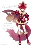  1girl animal_ears artist_name bike_shorts boots brown_cape cape character_name copyright_name cure_chocolat dog_ears dog_tail earrings extra_ears full_body gloves hand_on_hip hat highres jewelry kenjou_akira kirakira_precure_a_la_mode kiritani846 looking_at_viewer magical_girl outstretched_arm precure red_eyes redhead short_hair simple_background skirt solo standing tail thigh-highs white_background white_gloves white_legwear 