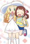  2girls :o ^_^ ^o^ bangs blonde_hair blunt_bangs blush braid brown_hair closed_eyes dress green_eyes hair_ornament hands_together happy hat lilia_(monster_hunter) lillie_(pokemon) long_hair long_sleeves looking_at_viewer monster_hunter monster_hunter_stories multiple_girls one_leg_raised open_mouth pokemon pokemon_(game) pokemon_sm puffy_shorts shorts simple_background sleeveless sleeveless_dress smile standing sun_hat twin_braids twintails waving white_background wide_sleeves 