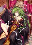  1girl akkijin bored green_hair japanese_clothes jewelry long_hair looking_at_viewer necklace red_eyes shinkai_no_valkyrie sitting solo 