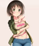  1girl black_hair blush breasts commentary_request crossed_arms fay green_eyes green_jacket groin harada_miyo idolmaster idolmaster_cinderella_girls jacket jewelry large_breasts long_sleeves looking_at_viewer navel necklace open_clothes shirt short_hair sleeves_pushed_up solo 