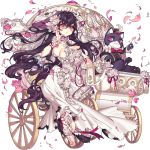  1girl black_hair breasts carriage cat cleavage dress flower hair_flower hair_ornament long_hair medium_breasts official_art open_toe_shoes parted_lips petals pika_(kai9464) riding shoes solo uchi_no_hime-sama_ga_ichiban_kawaii veil very_long_hair white_dress yellow_eyes yumemi_(uchi_no_hime-sama) 