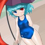  1girl blush green_hair heterochromia holding school_swimsuit shiny shiny_clothes shiny_skin short_hair smile swimsuit tatara_kogasa tongue touhou umbrella winn 