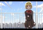  aegis aegis_(persona) arms_behind_back blonde_hair blue_eyes blue_sky blush cherry_blossoms guatemala headband letterboxed looking_at_viewer persona persona_3 railing red_ribbon ribbon school_uniform short_hair sky smile windmill 