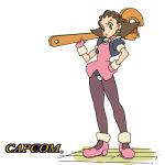  1girl breasts brown_hair capcom crotch_plate earrings gloves green_eyes hair_slicked_back hairband jewelry lowres mtmy pantyhose pink_hairband rockman rockman_dash short_hair tron_bonne 