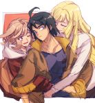  1boy 2girls :d ahoge arima_ataru atra_mixta black_hair blonde_hair brown_hair closed_eyes group_hug gundam gundam_tekketsu_no_orphans hug jacket kudelia_aina_bernstein long_hair mikazuki_augus multiple_girls one_eye_closed open_mouth red_eyes short_hair sketch smile 