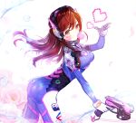  1girl 2017 animal_print ass bangs blue_bodysuit bodysuit boots bracer breasts brown_eyes brown_hair bubble_blowing bunny_print charm_(object) chewing_gum copyright cowboy_shot d.va_(overwatch) dated emblem facepaint facial_mark flower from_side gloves gun hair_between_eyes hand_up handgun headphones heart high_collar highres holding holding_gun holding_weapon knee_pads legs_apart logo long_hair long_sleeves looking_at_viewer medium_breasts overwatch pauldrons petals pilot_suit ribbed_bodysuit shoulder_pads skin_tight solo standing swept_bangs thigh-highs thigh_boots thigh_strap trigger_discipline ttaji_(pass35) w water water_drop weapon whisker_markings white_boots white_gloves 