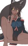  1girl animal_ears bangs barefoot black_hair black_sclera breasts dark_skin detached_sleeves eyebrows_visible_through_hair fangs finger_licking fox_ears fox_girl fox_tail hair_between_eyes hand_up japanese_clothes legs_apart licking long_hair looking_at_viewer mismatched_sclera open_mouth original pelvic_curtain ryuusei_(ryuuseiseikou) simple_background sitting small_breasts solo tail tamakagura_tatari tongue very_long_hair white_background yellow_eyes 