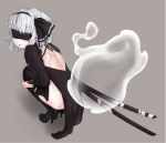  1girl absurdres back black_dress black_legwear black_ribbon blindfold boots cosplay dress eyebrows_visible_through_hair feather-trimmed_sleeves from_behind full_body grey_background hair_ribbon hairband high_heel_boots high_heels highres katana konpaku_youmu konpaku_youmu_(ghost) looking_at_viewer looking_back nier_(series) nier_automata parted_lips relila ribbon sheath short_hair silver_hair simple_background solo squatting sword thigh-highs thigh_boots touhou weapon yorha_no._2_type_b yorha_no._2_type_b_(cosplay) 