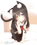  1girl animal_ears ass bed black_hair blush cat_ears cat_tail english expressionless heterochromia highres looking_at_viewer non_(wednesday-classic) original paw_pose sleeveless spoken_paw tail thigh-highs 