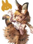  1girl 9to9 animal_ears bare_shoulders belt blonde_hair bow bowtie claw_pose commentary_request elbow_gloves eyebrows_visible_through_hair full_body gloves kemono_friends open_mouth personification serval_(kemono_friends) serval_ears serval_print serval_tail short_hair simple_background skirt smile solo tail white_background 