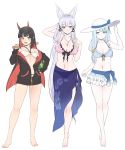  3girls :d animal_ears arm_up bangs bare_legs barefoot bikini bikini_skirt black_hair black_ribbon blue_bikini blue_eyes blue_hair blunt_bangs blush breasts cleavage eyebrows_visible_through_hair fang fox_ears frilled_bikini frills front-tie_bikini front-tie_top full_body hair_ribbon halter_top halterneck hand_up hat highres hips holding hood hoodie horns ibarakidouji_hoozuki large_breasts lavender_hair legs legs_apart legs_crossed legs_together light_smile long_hair looking_at_viewer medium_breasts multicolored_hair multiple_girls navel o-ring_top oni_horns open_clothes open_hoodie open_mouth orange_eyes original pale_skin pink_bikini pointy_ears redhead ribbon ryuusei_(ryuuseiseikou) sarong see-through sidelocks simple_background small_breasts smile standing stick sun_hat swimsuit swimsuit_under_clothes tamamo_(ryuusei) two-tone_hair very_long_hair violet_eyes white_background white_bikini white_hat yukimi_(ryuusei) 