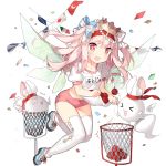  1girl ball bright_pupils buruma character_request confetti creature crown flag floating_hair gym_uniform hair_ribbon hairband long_hair muyfie name_tag official_art open_mouth pink_hair red_eyes ribbon round_teeth saru shirt_carry shoes short_sleeves sneakers solo teeth thigh-highs transparent_background two_side_up uchi_no_hime-sama_ga_ichiban_kawaii white_legwear wings 
