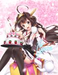  1girl ahoge birthday_cake black_legwear blue_eyes blush breasts brown_hair cake candle cup double_bun drink english eyebrows_visible_through_hair food fruit heart holding holding_cup kantai_collection kongou_(kantai_collection) long_hair looking_at_viewer medium_breasts melon3 nontraditional_miko open_mouth panties pantyhose sideboob smile solo strawberry tea teacup thigh-highs underwear 