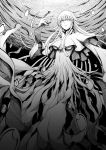  1girl bangs blank_eyes breasts bubble capelet greyscale highres jellyfish_girl long_hair mermaid monochrome monster_girl original seaweed solo traditional_media under_boob underwater unli 