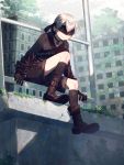  1boy android black_clothes blindfold boots building buttons choker cracked_wall day gloves grass highres leaf male_focus nier_(series) nier_automata pale_skin shade short_hair shorts sitting sky skyscraper smile solo stone strap tree white_hair yorha_no._9_type_s 