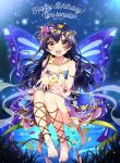  1girl 2017 :d absurdres ankle_lace-up bandeau barefoot blue_hair butterfly_hair_ornament butterfly_wings character_name cross-laced_footwear crossed_bangs dated floating flower flower_necklace hair_ornament happy_birthday head_wreath highres ichinose_yukino jewelry layered_skirt long_hair love_live! love_live!_school_idol_project necklace open_mouth smile solo sonoda_umi sparkle wings yellow_eyes 