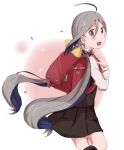  1girl ahoge alternate_costume backpack bag black_legwear blue_hair commentary_request cosplay dress from_side grey_eyes grey_hair hair_between_eyes highres kantai_collection kasumi_(kantai_collection) kasumi_(kantai_collection)_(cosplay) kiyoshimo_(kantai_collection) kneehighs long_hair long_sleeves looking_at_viewer looking_to_the_side low_twintails multicolored_hair open_mouth petals pinafore_dress randoseru remodel_(kantai_collection) riz_(ravel_dc) shirt simple_background sleeveless sleeveless_dress solo twintails very_long_hair white_shirt 