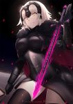  1girl armor blonde_hair bu_li cape chains contrapposto energy fate/grand_order fate_(series) fur jeanne_alter looking_down pale_skin petals ruler_(fate/apocrypha) smile solo standard_bearer sword thigh-highs weapon yellow_eyes 