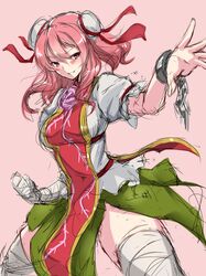  1girl bandage bandaged_arm bandaged_leg bun_cover chains chinese_clothes clenched_hand cowboy_shot cuffs double_bun eyebrows_visible_through_hair fighting_stance flower grin hair_between_eyes hair_bun hand_up highres ibaraki_kasen long_hair looking_at_viewer maron_(kagamikunn) pink_background pink_eyes pink_hair pink_rose puffy_short_sleeves puffy_sleeves rose shackles shirt short_sleeves simple_background sketch skirt smile solo tabard thigh-highs touhou zettai_ryouiki 