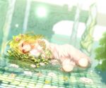  1girl blonde_hair brown_eyes character_request dress flower hair_flower hair_ornament long_hair looking_at_viewer lying on_side shironeko_project solo unier water 