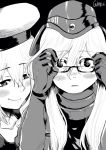  2girls character_request elbow_gloves glasses gloves hat highres hyakusei kantai_collection monochrome multiple_girls removing_glasses semi-rimless_glasses signature smile u-511_(kantai_collection) under-rim_glasses 