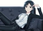  1girl antenna_hair black_eyes black_hair couch dress_shirt formal hachiware hand_in_hair idolmaster idolmaster_2 kikuchi_makoto long_sleeves looking_at_viewer off_shoulder parted_lips reverse_trap shirt short_hair simple_background sitting solo suit white_background 