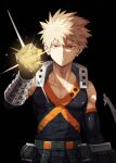  1boy akiyama_(noconoco) arm_at_side bakugou_katsuki bare_shoulders belt black_background black_shirt black_sleeves blonde_hair boku_no_hero_academia clenched_hand closed_mouth collarbone commentary_request detached_sleeves energy explosive gauntlets gloves green_belt green_gloves grenade hair_between_eyes hand_up highres looking_at_viewer male_focus red_eyes serious shirt short_hair simple_background sleeveless sleeveless_shirt solo spiky_hair two-tone_gloves v-shaped_eyebrows v_arms 