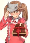  1girl adjusting_clothes adjusting_hat blush box brown_eyes brown_hair frown gift gift_box gradient gradient_background hat hat_over_one_eye highres incoming_gift japanese_clothes kantai_collection kariginu magatama ryouya ryuujou_(kantai_collection) solo twintails upper_body visor_cap 